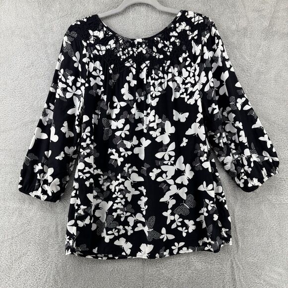 Talbots Top Womens L Black Butterfly Smocked Scoop Neck 3/4 Sleeves Elastic Cuff - Picture 8 of 15